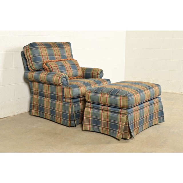 French Country Harden Furniture English Country Plaid Upholstered Lounge Chair With Ottoman For Sale - Image 3 of 15
