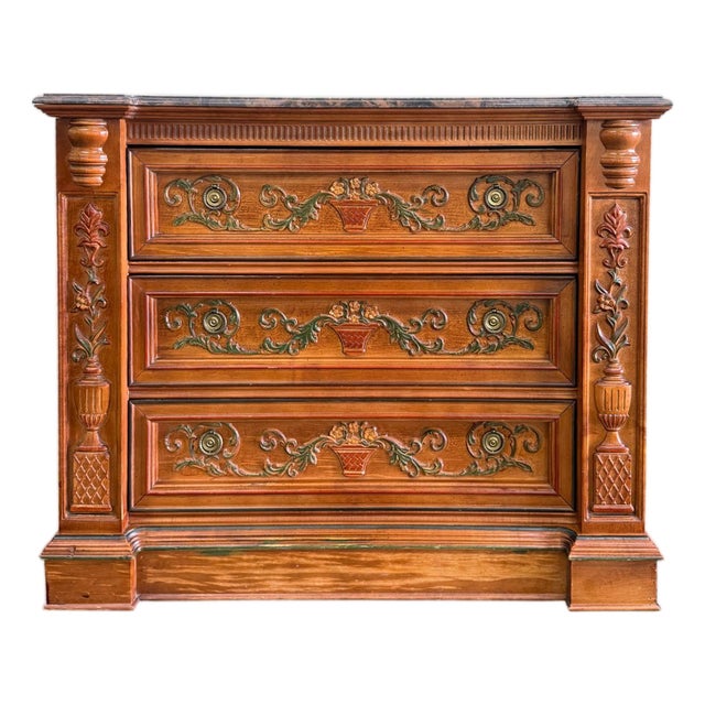 1980s Italian Renaissance Revival Carved 3-Drawer Chest With Marble Top by Pulaski For Sale