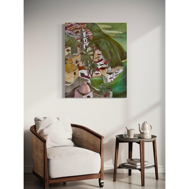 Textile Marc Zimmerman "Climbing Village" Oil Painting, Cliffside Town, Palm Trees, Cubist Architecture, Vivid Green, Contemporary Art West Coast For Sale - Image 7 of 8