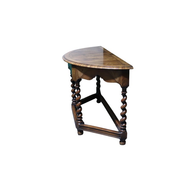Jacobean Antique Jacobean Style Walnut Hallway Demi Lune Table With Oak Inlay & Swirled Legs For Sale - Image 3 of 11