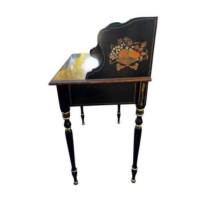 Early 20th Century Early 20th Century Ethan Allen Hitchcock Style Stenciled & Ebonized Ladies Writing Desk and Woven Rush Seat For Sale - Image 5 of 11