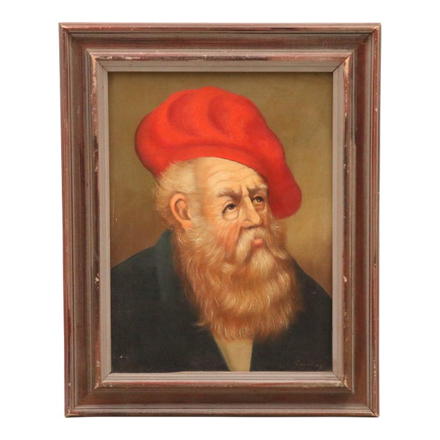 Signed Original Oil Portrait of Bearded Gentleman with Red Hat For Sale
