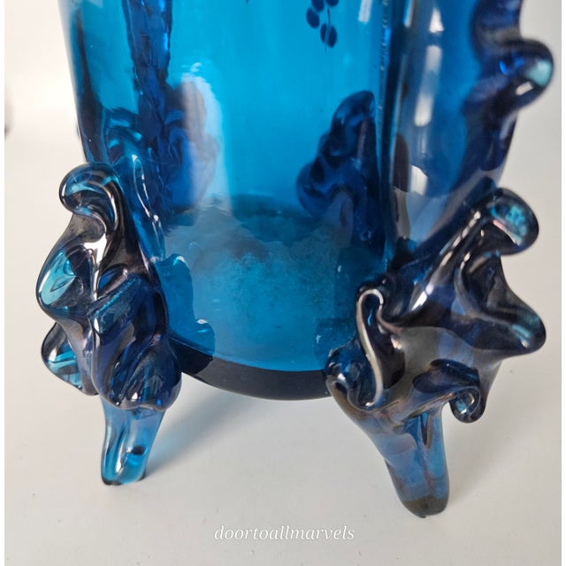 Auguste Jean Antique Blue Footed Vase Art Nouveau Enamel Paint Berries Tall 12" For Sale In Tampa - Image 6 of 17