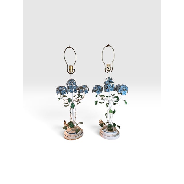 1960s Vintage Italian Hand-Painted Tole Floral Table Lamps, Made in Italy - a Pair For Sale - Image 5 of 12