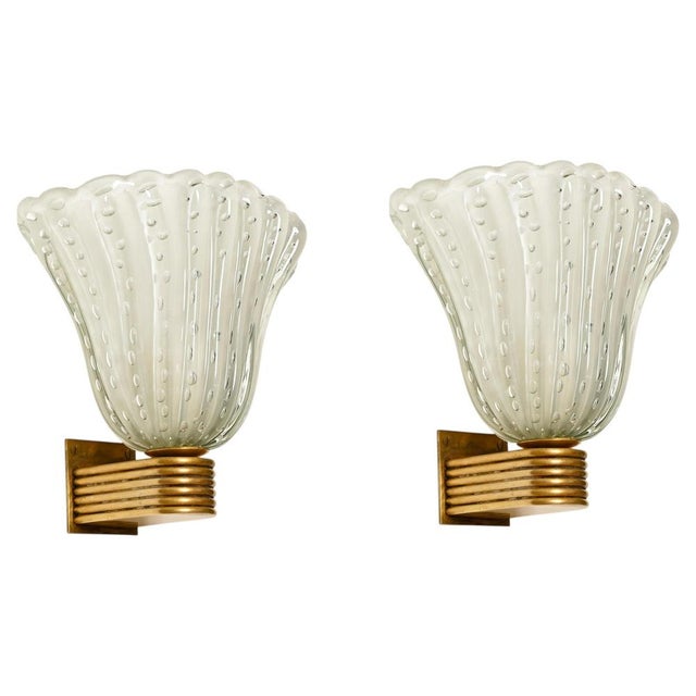 Large Murano Glass and Brass Flower Sconces from Barovier, Italy 1940s, Set of 2 For Sale - Image 18 of 18