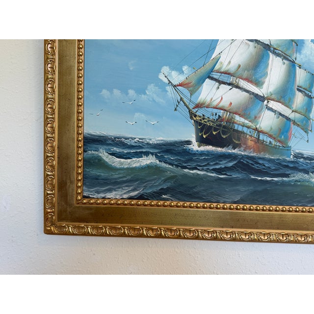 Original Oil Painting Sailing Ship Seascape Maritime Art Ocean Waves Nautical For Sale - Image 4 of 10