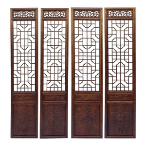 Chinese Brown Geometric Pattern Theme Wood Panel Floor Screen 4pcs