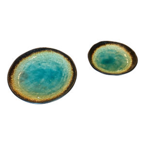 Burnt Edge Iridescent Blue Green Glazed Small and Large Plate/Shallow Bowl