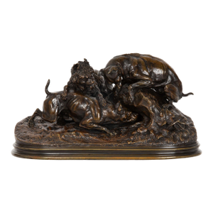 French Antique Bronze Sculpture “Dogs Chasing Rabbit” by Pierre Jules Mene