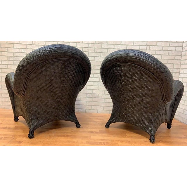 Malabar Woven Wicker Rattan Lounge Chairs W/ Newly Reupholstered Pillows - Set of 2 For Sale - Image 10 of 11