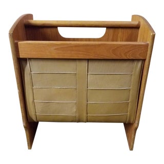 Vintage Scandinavian Wood and Leather Magazine Rack For Sale