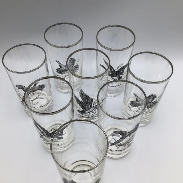 1960s Vintage Federal Platinum Rim Game Bird/Sportsman Cocktail Glasses - Set of 8 For Sale - Image 5 of 12