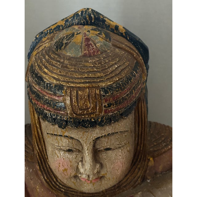 Asian Seated Asian Carved Wood Figure Holding Fish For Sale - Image 3 of 9