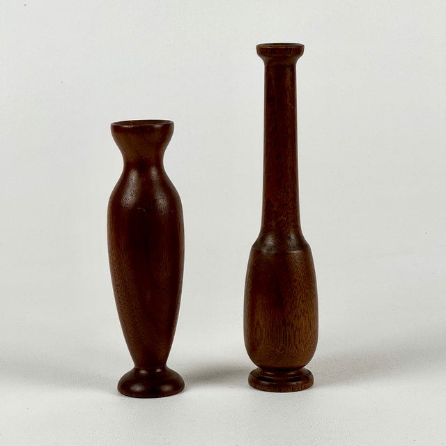 A beautiful pair of small wood turning vases by the late Stan W. Bednarz, circa 1980's. This set is the medium sizes of...