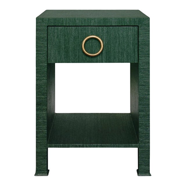 Matthew Izzo Home Malcolm Green Grasscloth One Drawer Side Table With Brass Drawer Pull For Sale