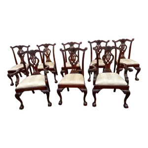 Set of 8 Vintage 1970s Chippendale Style Mahogany Carved Dining Chairs