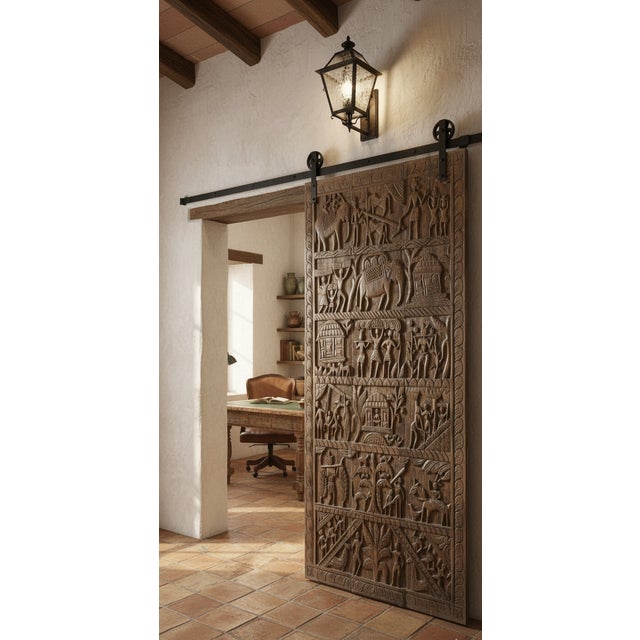 Mid-Century Modern Antique Tribal Indian Hand-Carved Wood Door Panel – Rustic Architectural Wall Art For Sale - Image 3 of 7
