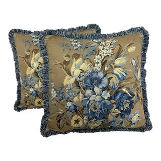 Waverly Grand Entrance Floral Blue and Brown Pillows - Pair For Sale