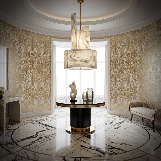 A stunning chandelier in a striking sandblasted ice color with white streaks; a perfect circle of ice-colored glass panes....