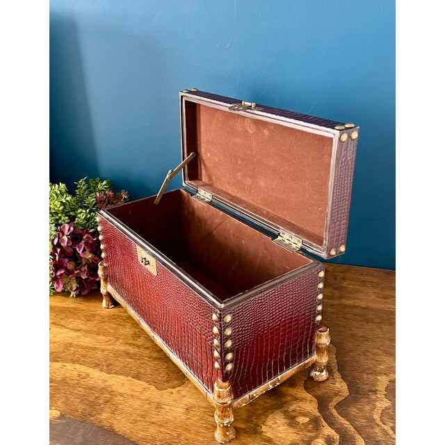Vintage Faux Crocodile Trunk Box, Brass Studded With Bamboo-Style Feet, 1970s For Sale - Image 9 of 17