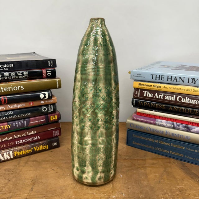 Textured Green & Cream Ceramic Vase with Star Design For Sale - Image 4 of 11