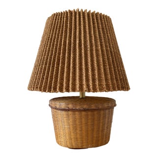 1960s Vintage Woven Lamp With Pleated Burlap Shade For Sale