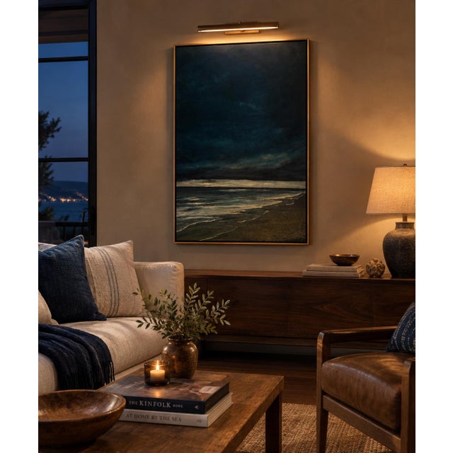 Original oil painting titled 7:42 PM” — An evocative evening seascape capturing the tide as it rolls in, painted in deep...