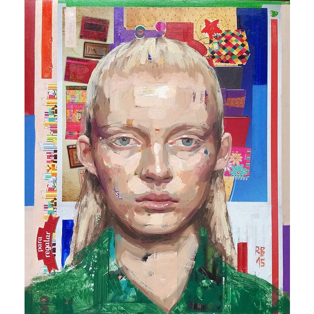 This mixed media artwork presents a striking portrait of a young woman, characterized by a direct gaze and subtle...