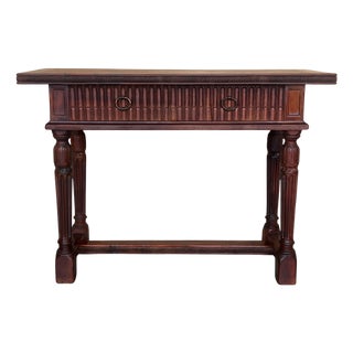 Early 20th Century Catalan Spanish Carved Walnut Console Table with Two Drawers For Sale
