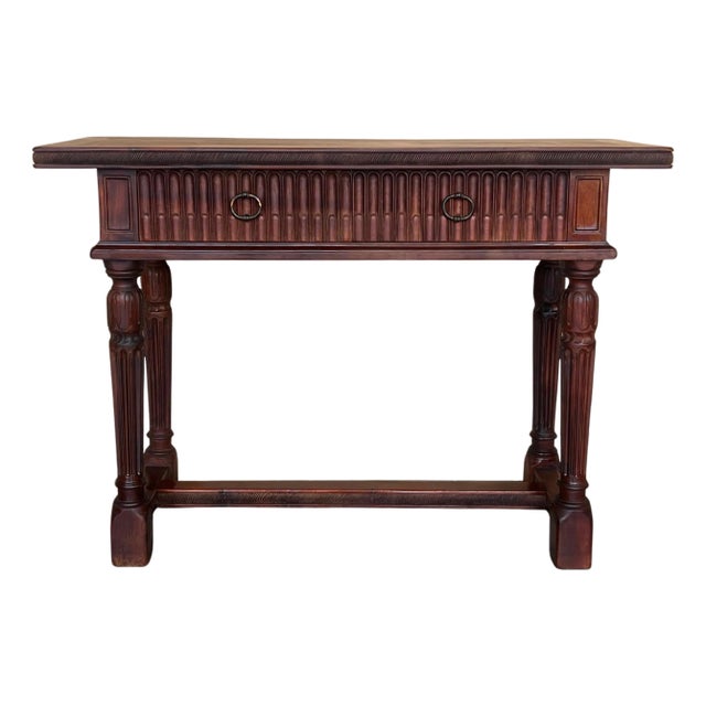 Early 20th Century Catalan Spanish Carved Walnut Console Table with Two Drawers For Sale