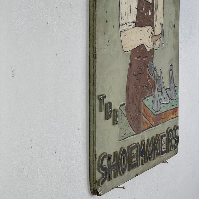 Astounding 1920s Art Deco Hand Painted "The Shoemakers" Trade Sign With Carved Letters & the Cobbler For Sale - Image 11 of 12