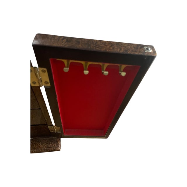 Vintage Midcentury Chinoiserie Brown Lacquer Shell Inlay Jewelry Box Cabinet For Sale - Image 9 of 15