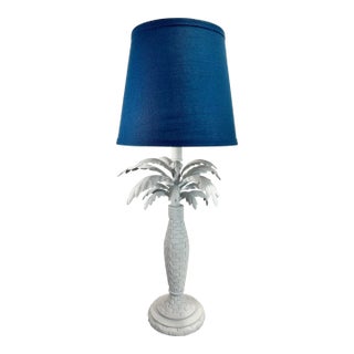 Vintage Serge Roche Style Newly Painted White Palm Tree Table Lamp With Blue Shade For Sale