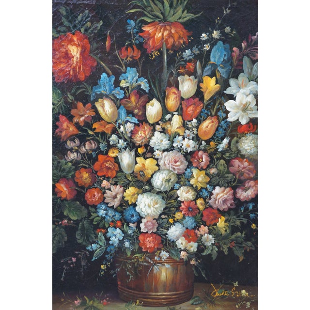 Vintage Flemish Style Floral Still Life After Pieter Bruegel Signed Oil Painting For Sale - Image 6 of 16