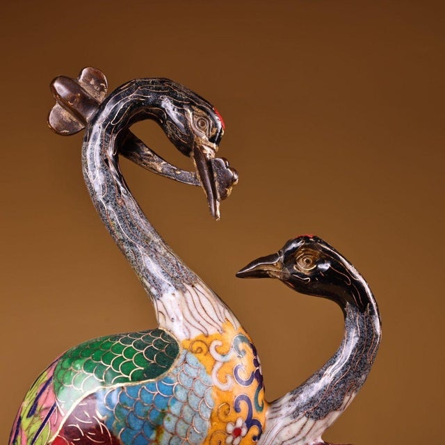 Late 19th Century Cloisonné Enamel Double Crane Figurine, 3100g, Gilt Bronze For Sale - Image 9 of 9