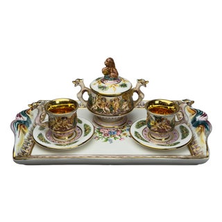 Porcelain Tea Set with Tray, Cups and Sugar Bowl in Gold Cherubs from Capodimonte, 1960s, Set of 6 For Sale
