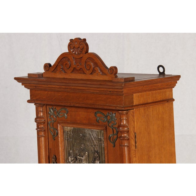Antique Art Nouveau Hanging Cabinet in Oak and Brass, 1900 For Sale - Image 15 of 18