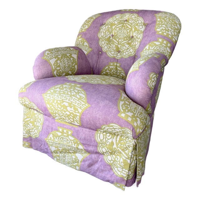 Chinoiserie / Hollywood Regency Fully Upholstered Lounge Chair by Laura Richard. Circa 1990s For Sale