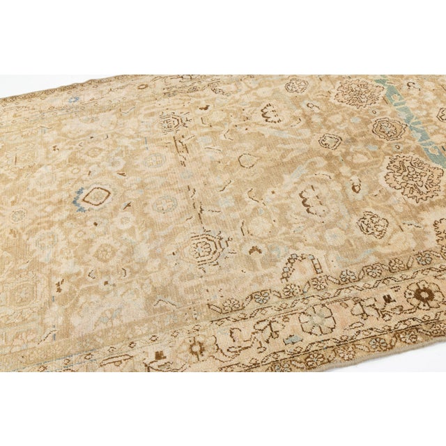 1940s Vintage Hand-Knot Neutral Oushak Area Rug With Soft Sky Blue Accents For Sale - Image 5 of 9