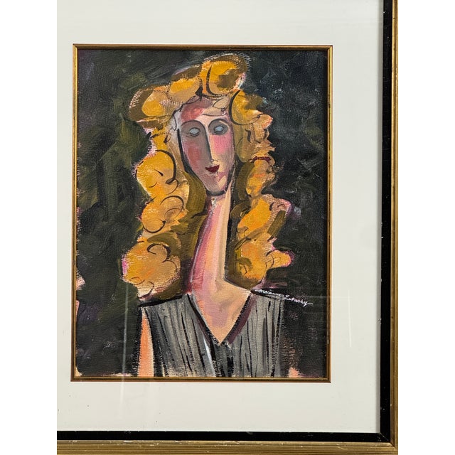 C 1940-60 oil painting by French portrait artist Maxine Estachy. Presented in a vintage gold gilt and ebony frame with mat...