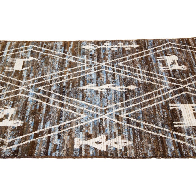 2020s Modern Moroccan Style Brown & Blue Handmade Tribal Motif Wool Runner For Sale - Image 5 of 7