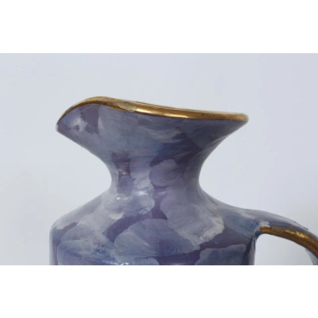 Royal Blue 1950s Aldo Londi for Bitossi Gilt Birds Glazed Pottery Handled Pitcher - Vase For Sale - Image 8 of 12
