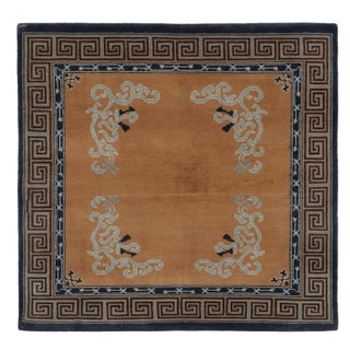 Rug & Kilim’s Chinese Art Deco Inspired Square Rug, Brown With Greek Key Border For Sale