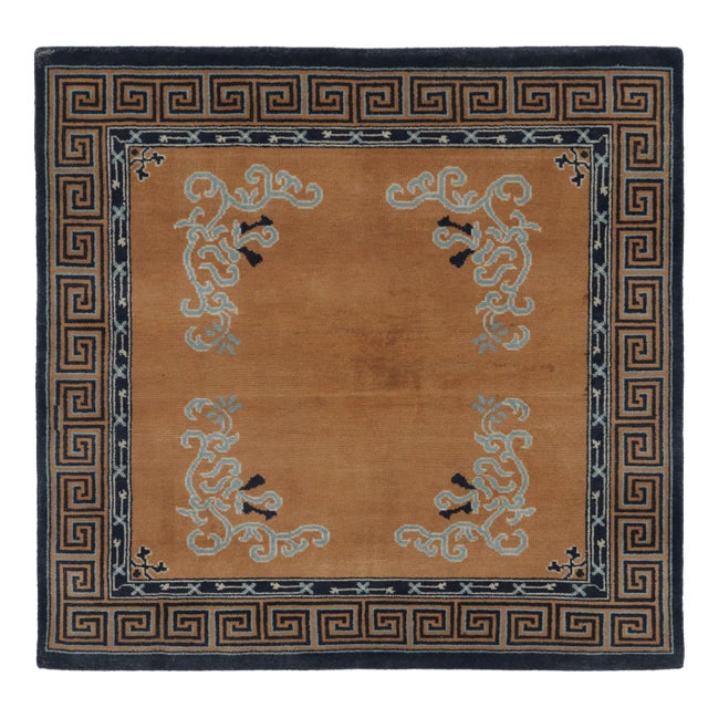 Rug & Kilim’s Chinese Art Deco Inspired Square Rug, Brown With Greek Key Border For Sale