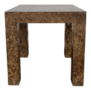 Vintage Postmodern Faux Burl Laminate Parsons Side Table