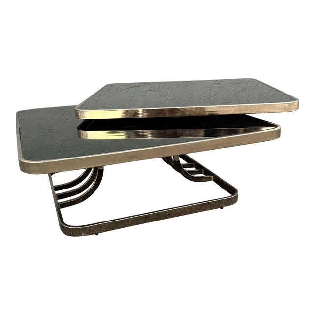 Art Deco Gold and Black Glass Swivel Top Two Tier Coffee Table For Sale