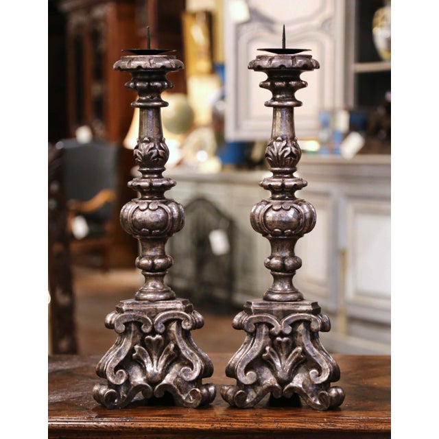Pair of Mid-Century Italian Carved Silver-Leaf Pricket Candlesticks For Sale - Image 4 of 6