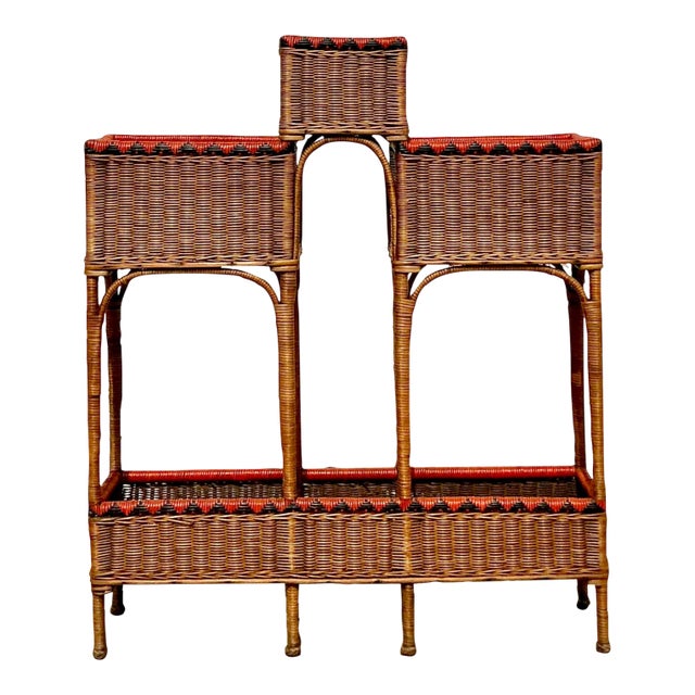 Vintage Boho Woven Rattan Plant Stand For Sale