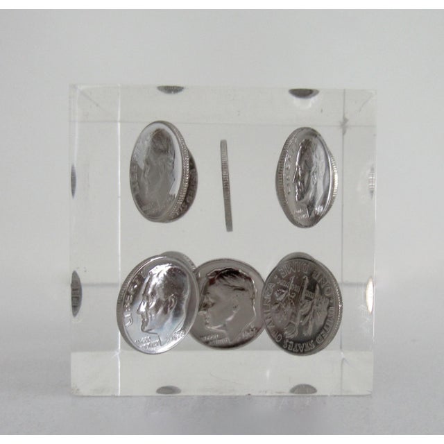 Vintage C.1970's Mid-Century Lucite & Dime Incapsulated Paperweight, Accent Piece For Sale In West Palm - Image 6 of 13