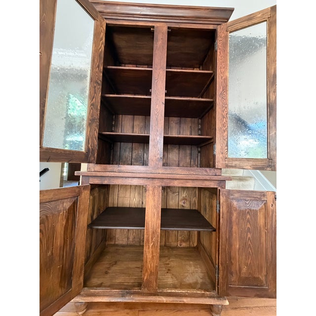 2000 - 2009 Antique-Style Pine Step-Back Hutch With Wavy Seedy Glass Doors For Sale - Image 5 of 10